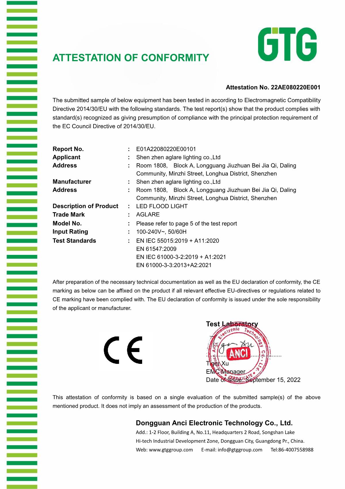 CE EMC certificate for Aglare Lighting RGB Led Flood Light