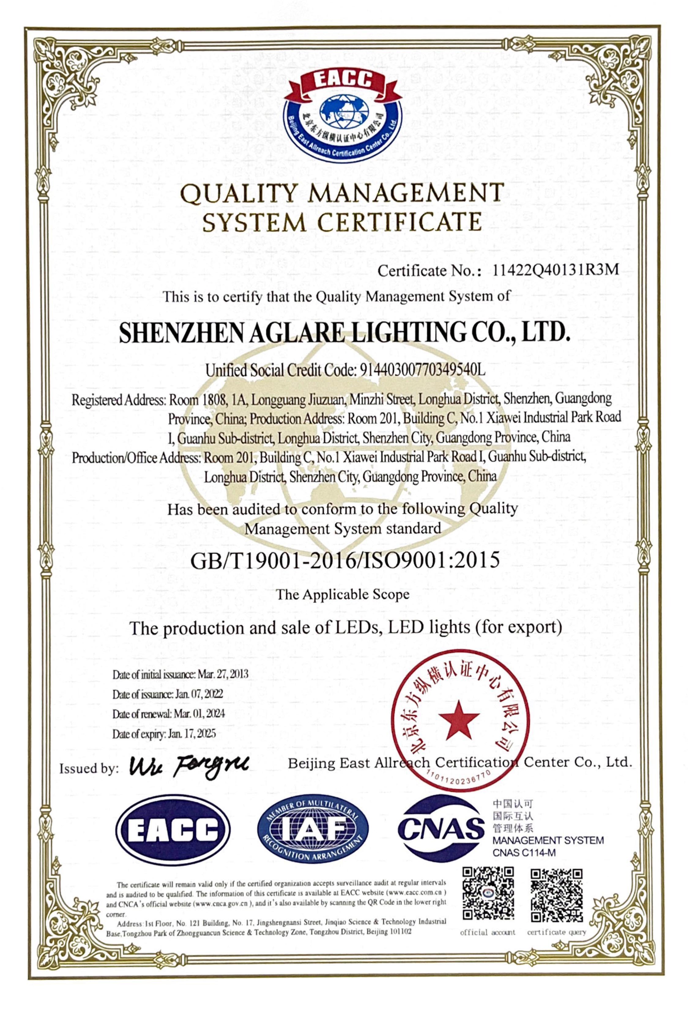 Aglare Lighting has passed the ISO system review in 2024
