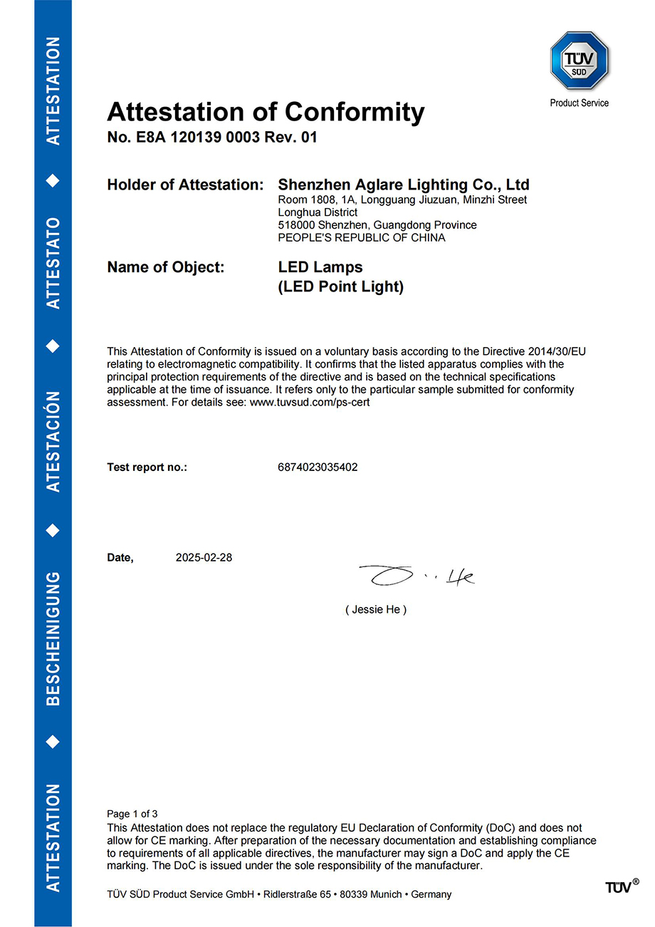 Congrats Aglare Lighting LED Products for winning TÜV Certification